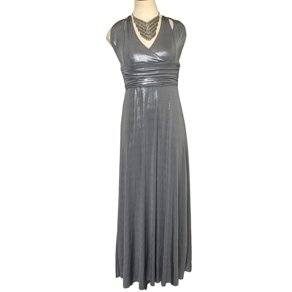 VINTAGE Silver Gray Maxi Dress Halter Straps Metallic Cinched Festive Gown XS/S - Picture 1 of 11